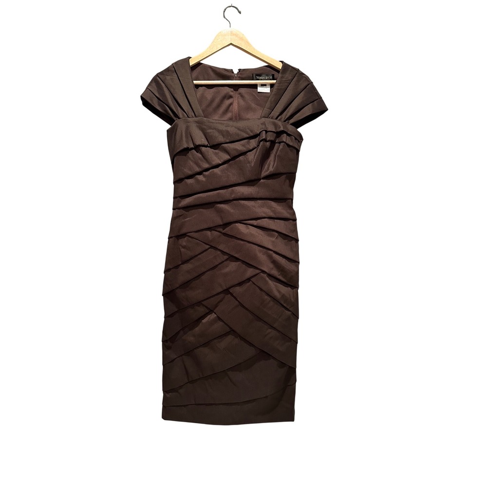 Tadashi Shoji Brown Ruched Cocktail Dress Size 6 Structured Sheath Formal Modest